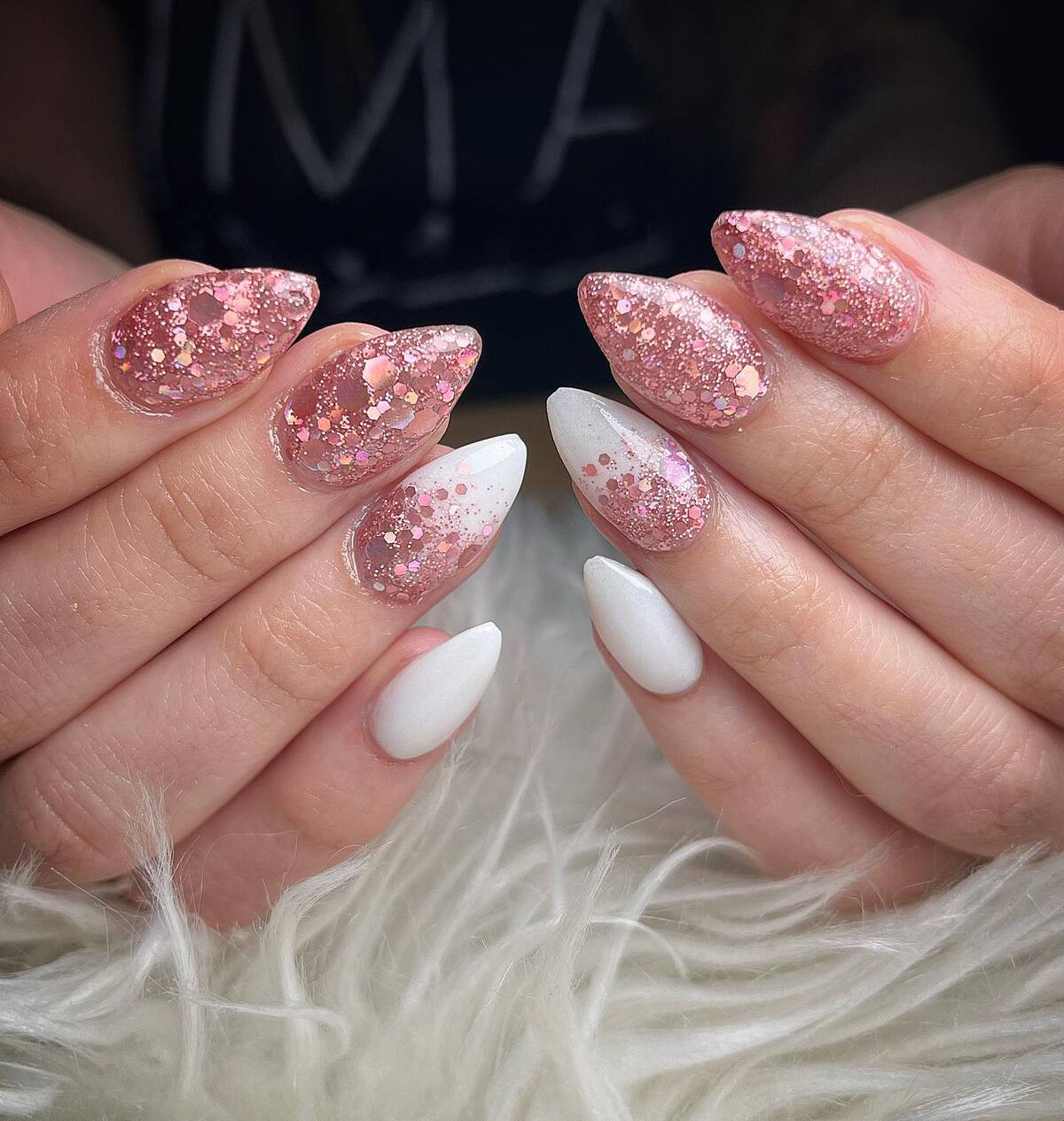 25. Frosted White and Rose Gold Glitter Stilettos