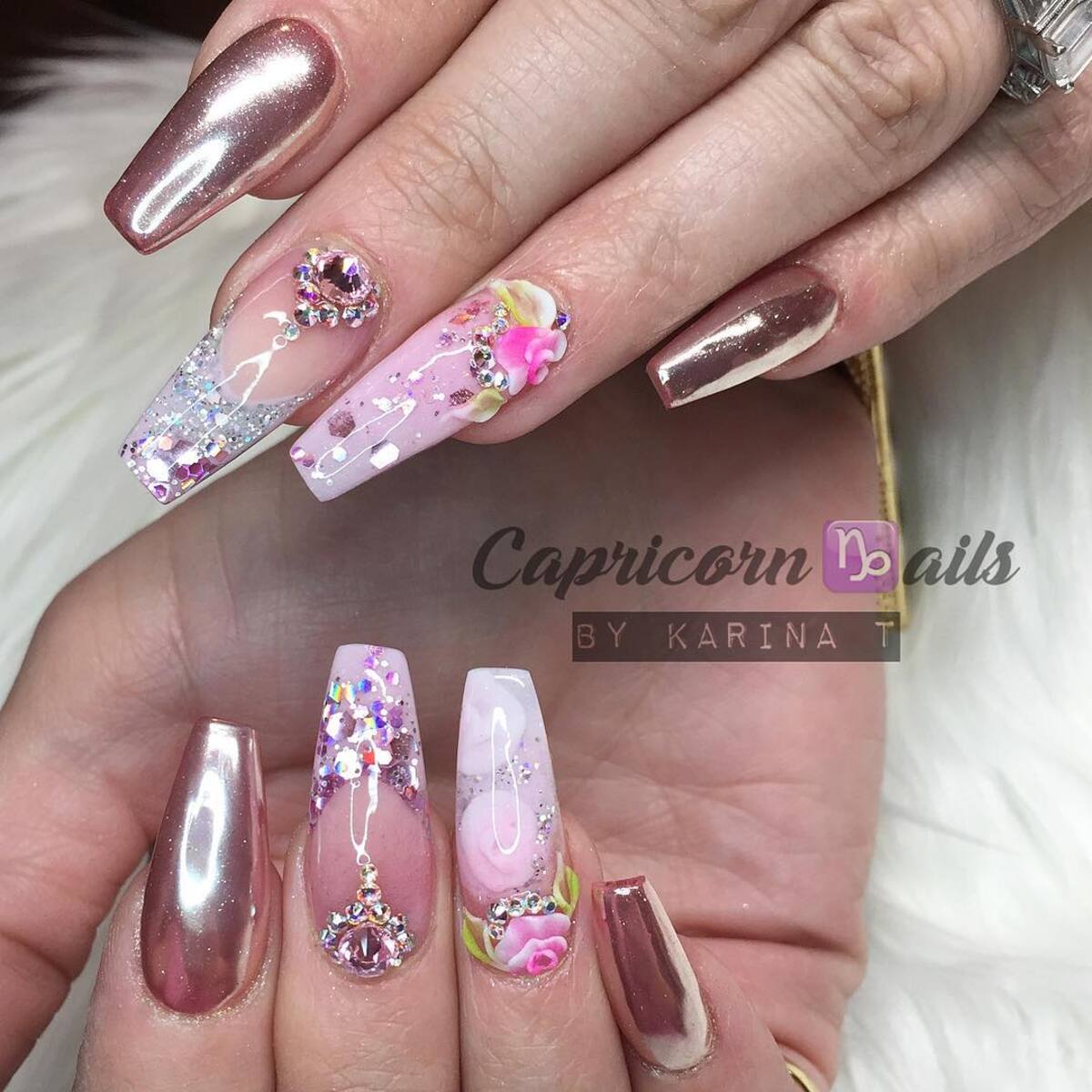 9. Extravagant Rose Gold Glam with Floral Accents