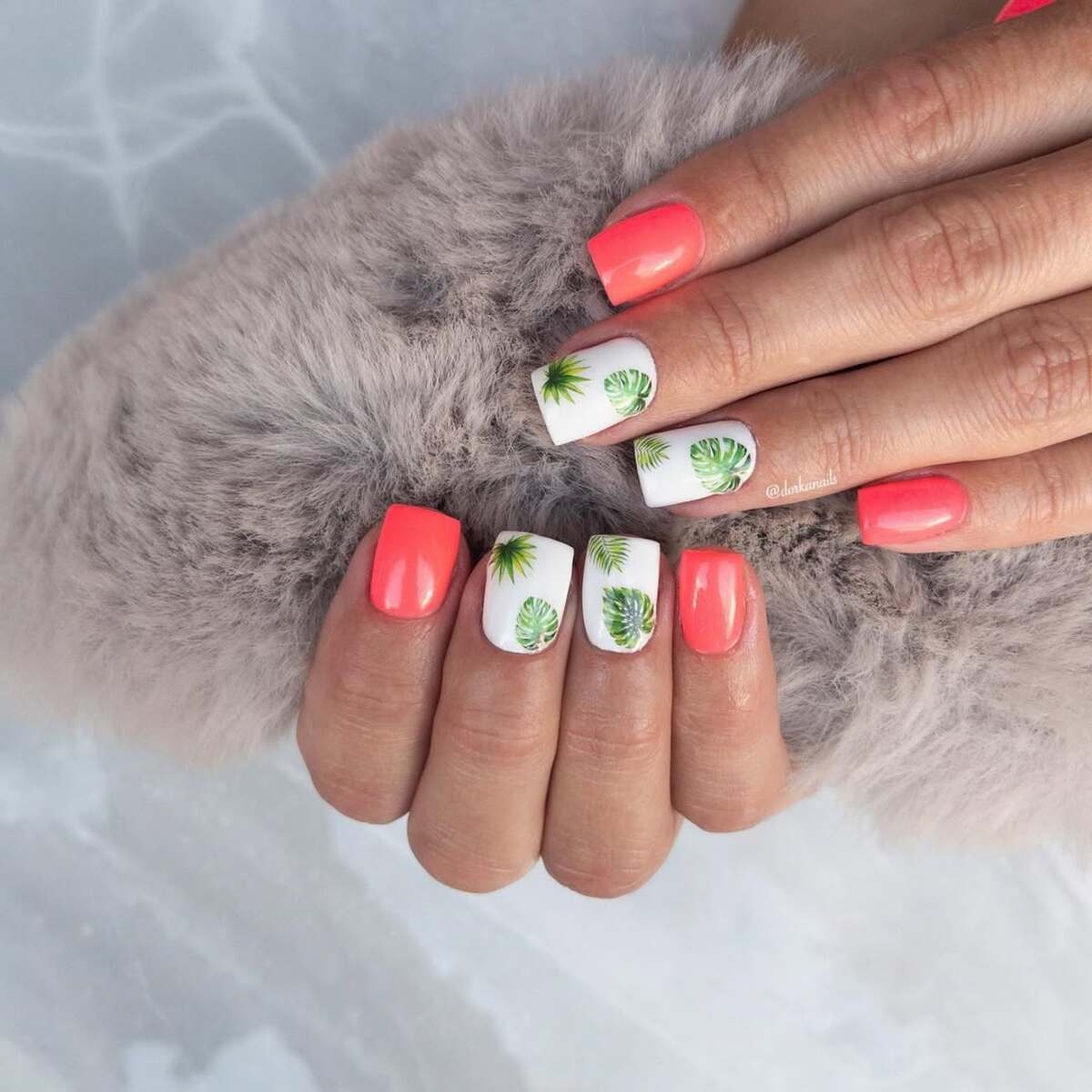 20. Tropical Palm Leaves on Coral Nails