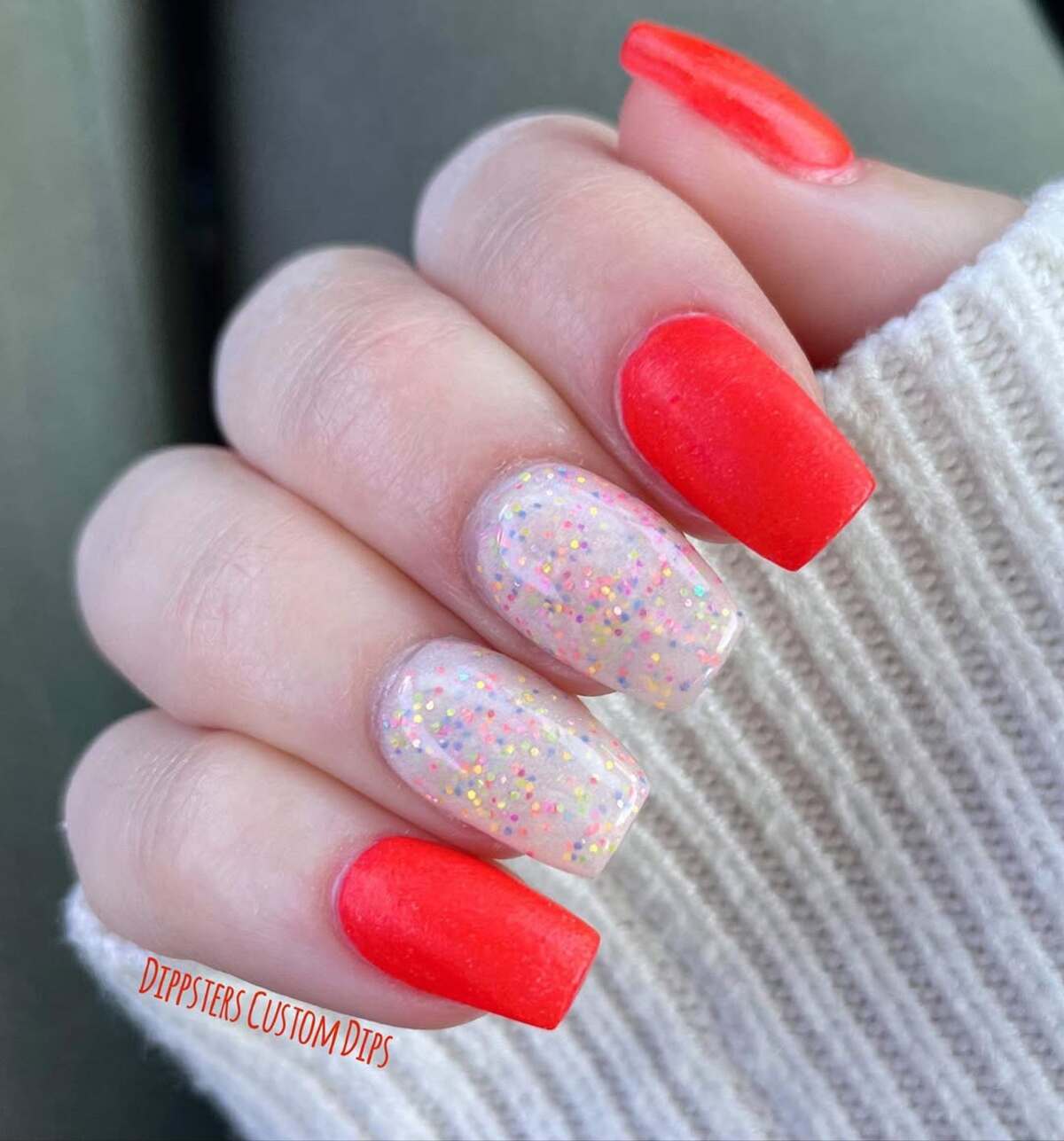 24. Vibrant Coral with Glittering Nude Accents