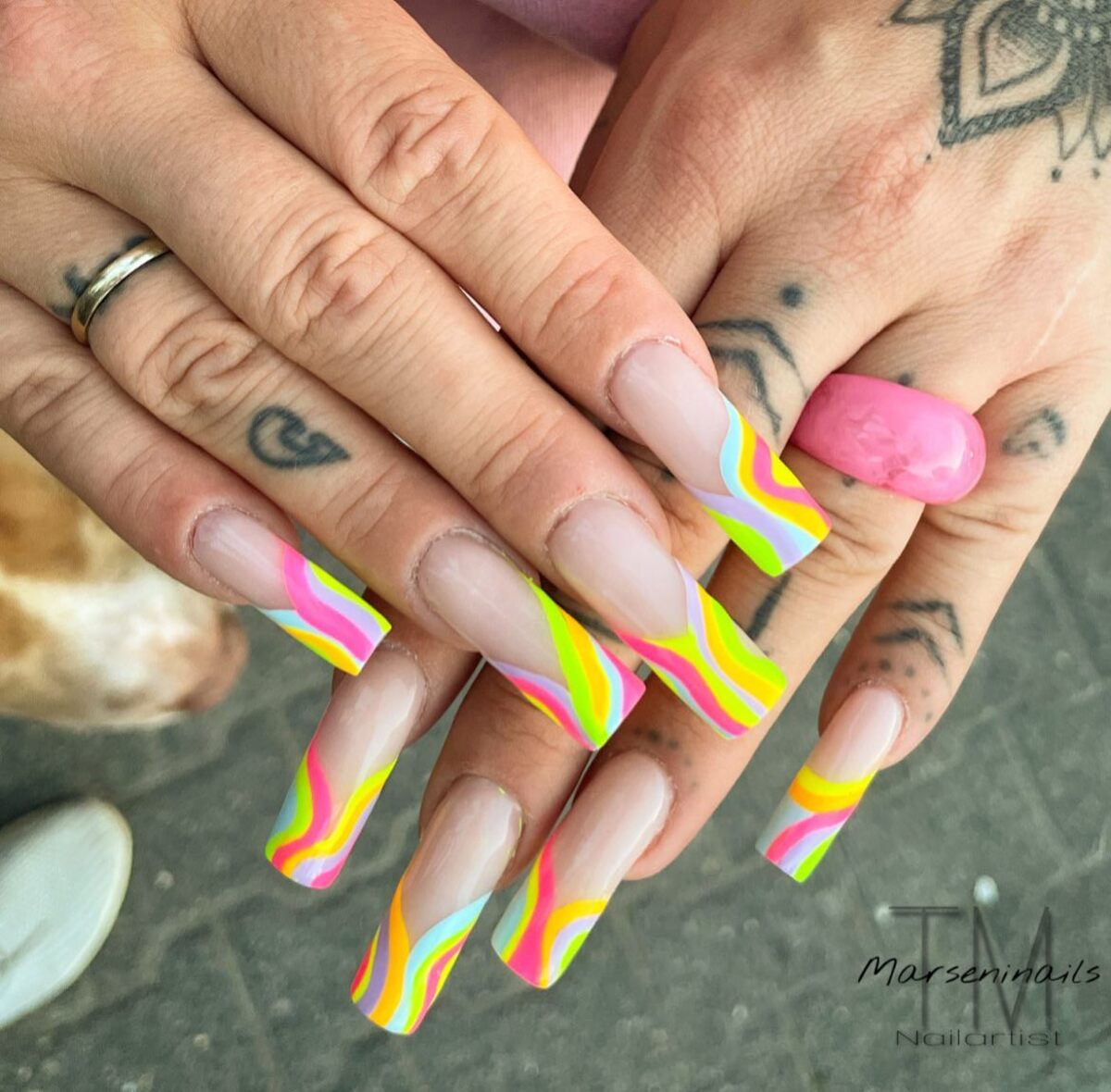 22. Rainbow Swirl French Tips with a Neon Twist