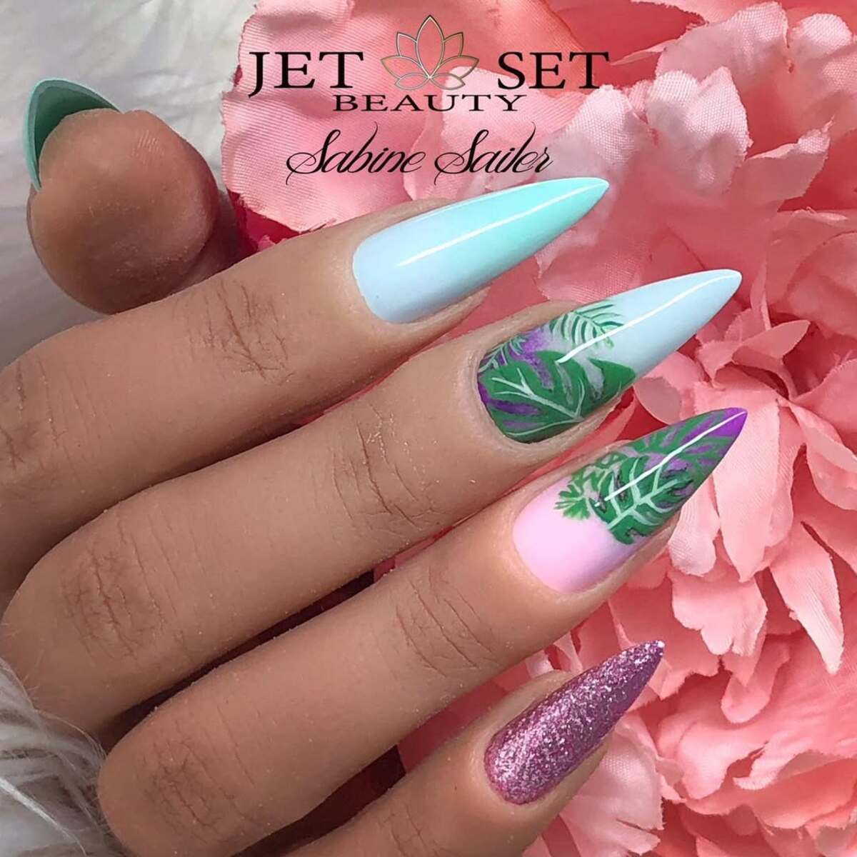 14. Tropical Pastels with Green Leaf Accents