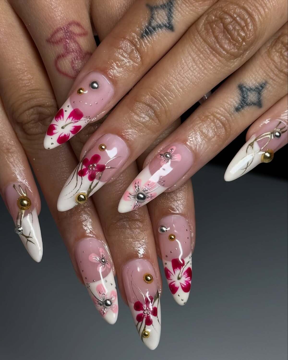 28. Elegant Floral French Stiletto Nails