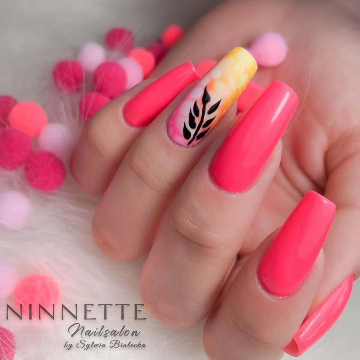 13. Coral Sunset with Black Leaf Silhouette