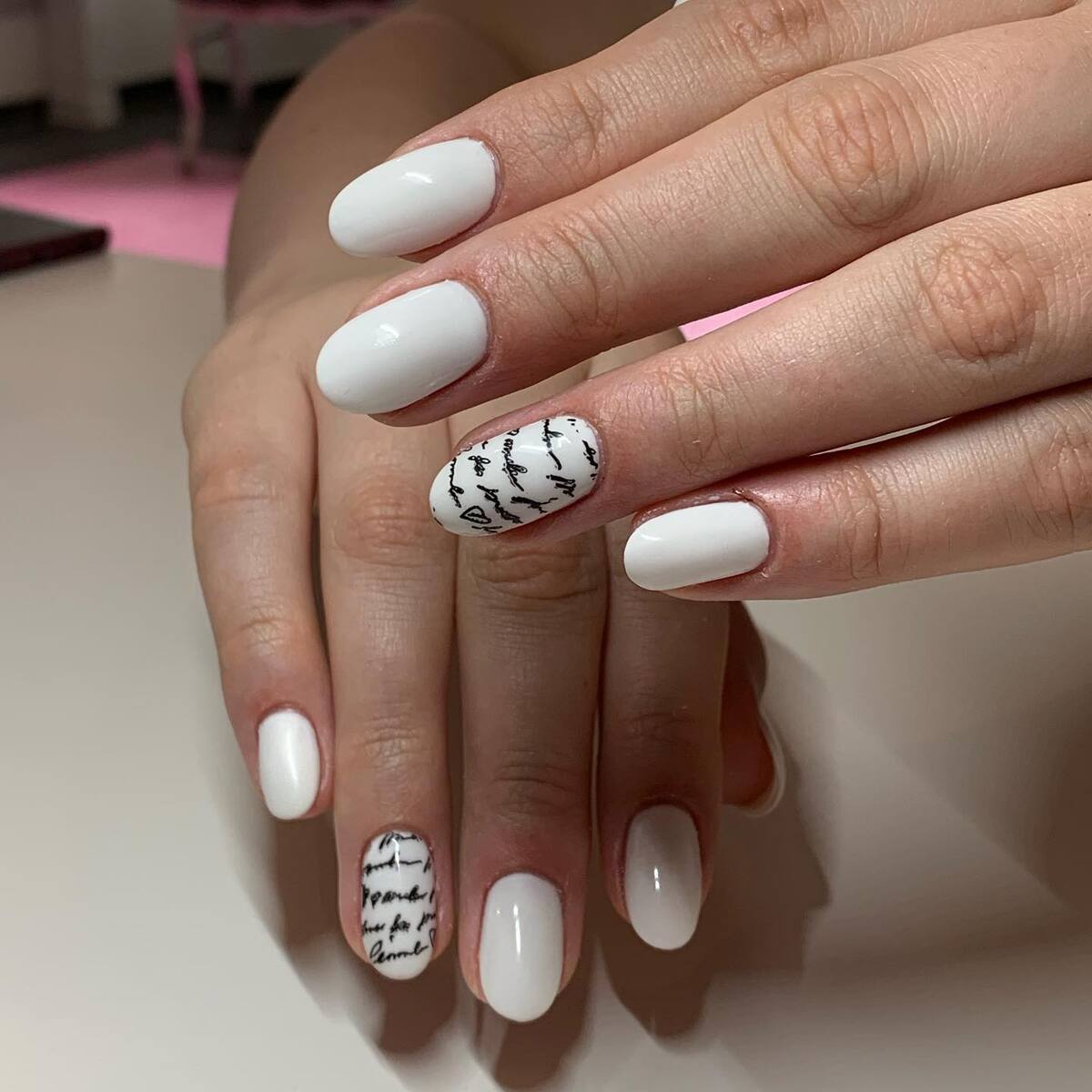 17. White Nails with Handwritten Script