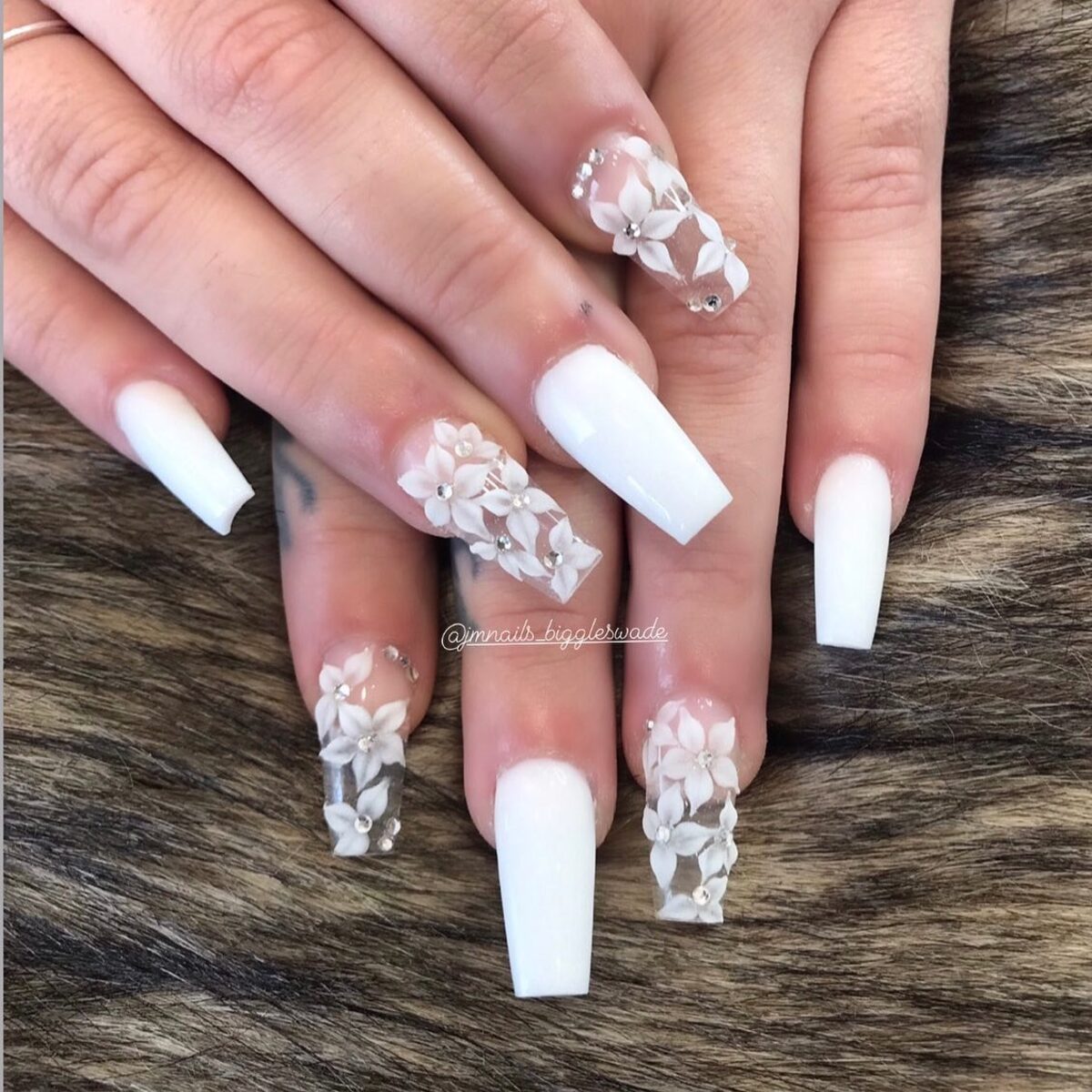 20. White Coffin Nails with 3D Floral Accents