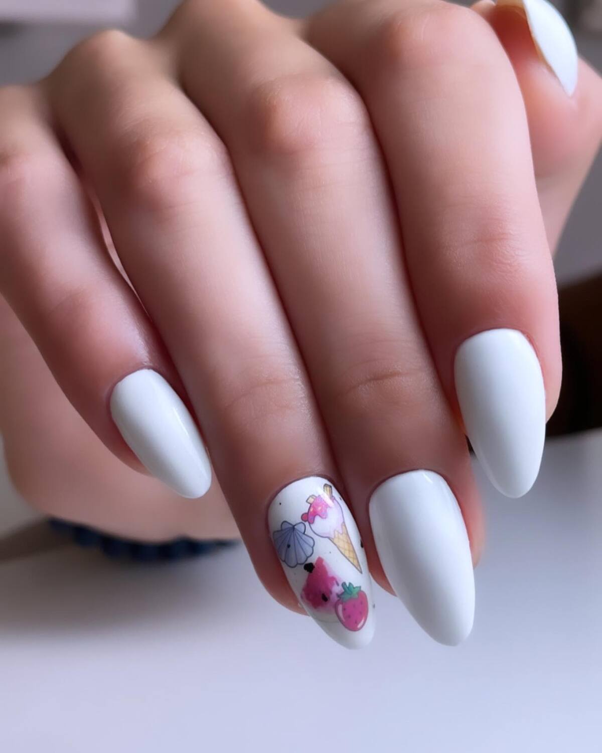 23. Cute White Nails with Summer Icons
