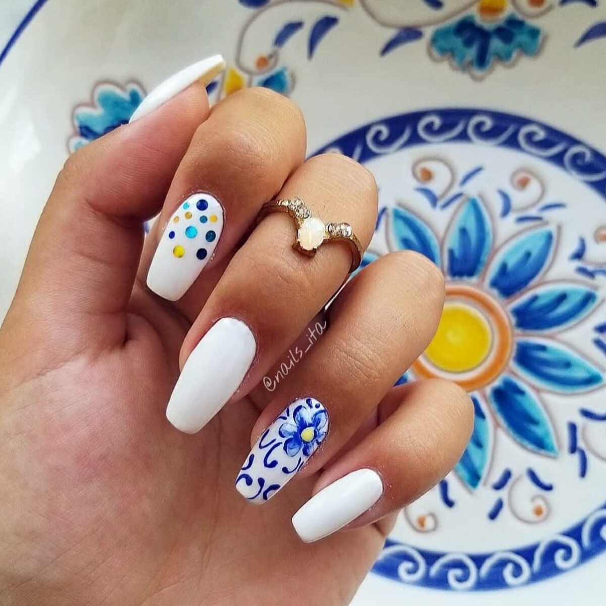 24. Mediterranean Blue & White Tile-Inspired Nails