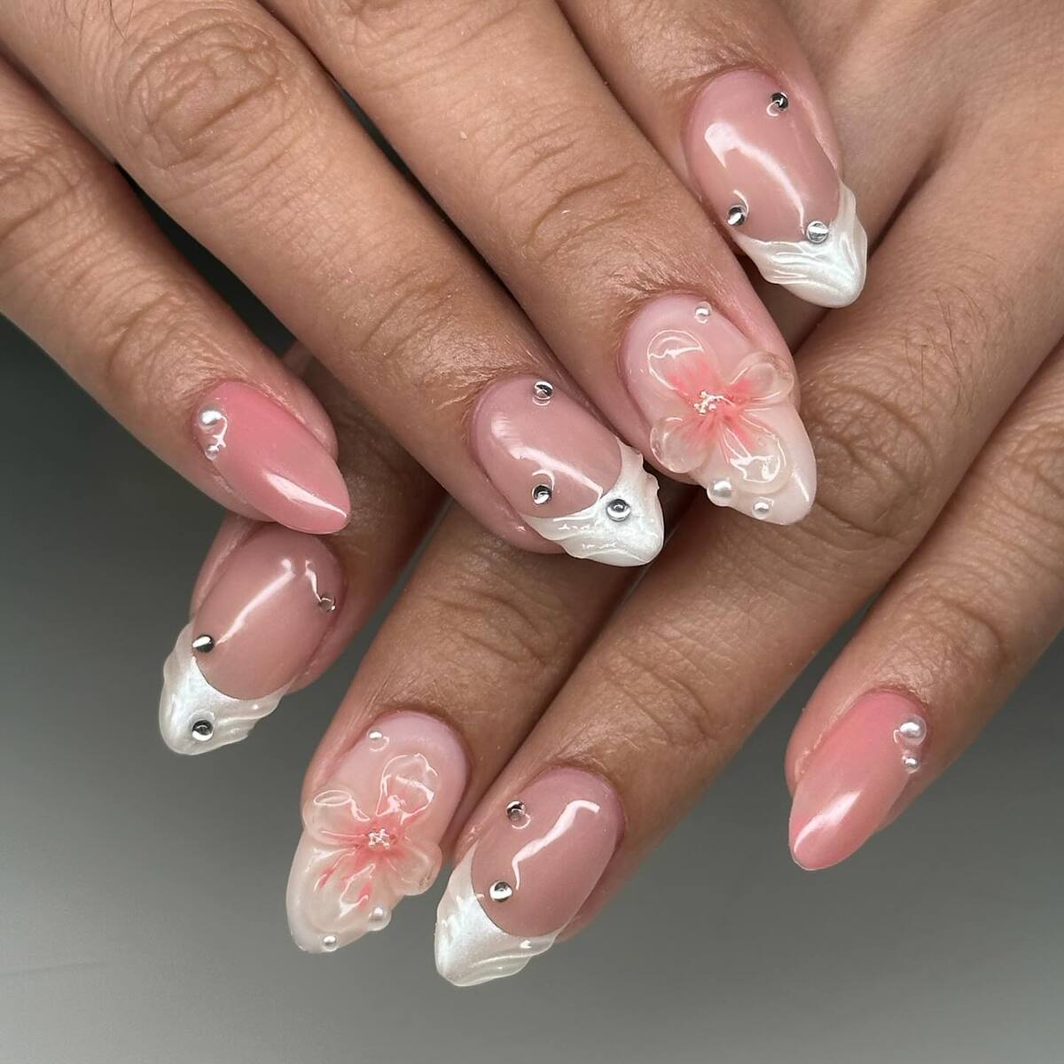 6. Soft Pink & White 3D Floral Nails