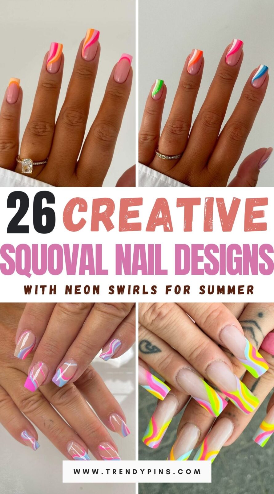 Creative Squoval Nails With Neon Swirls
