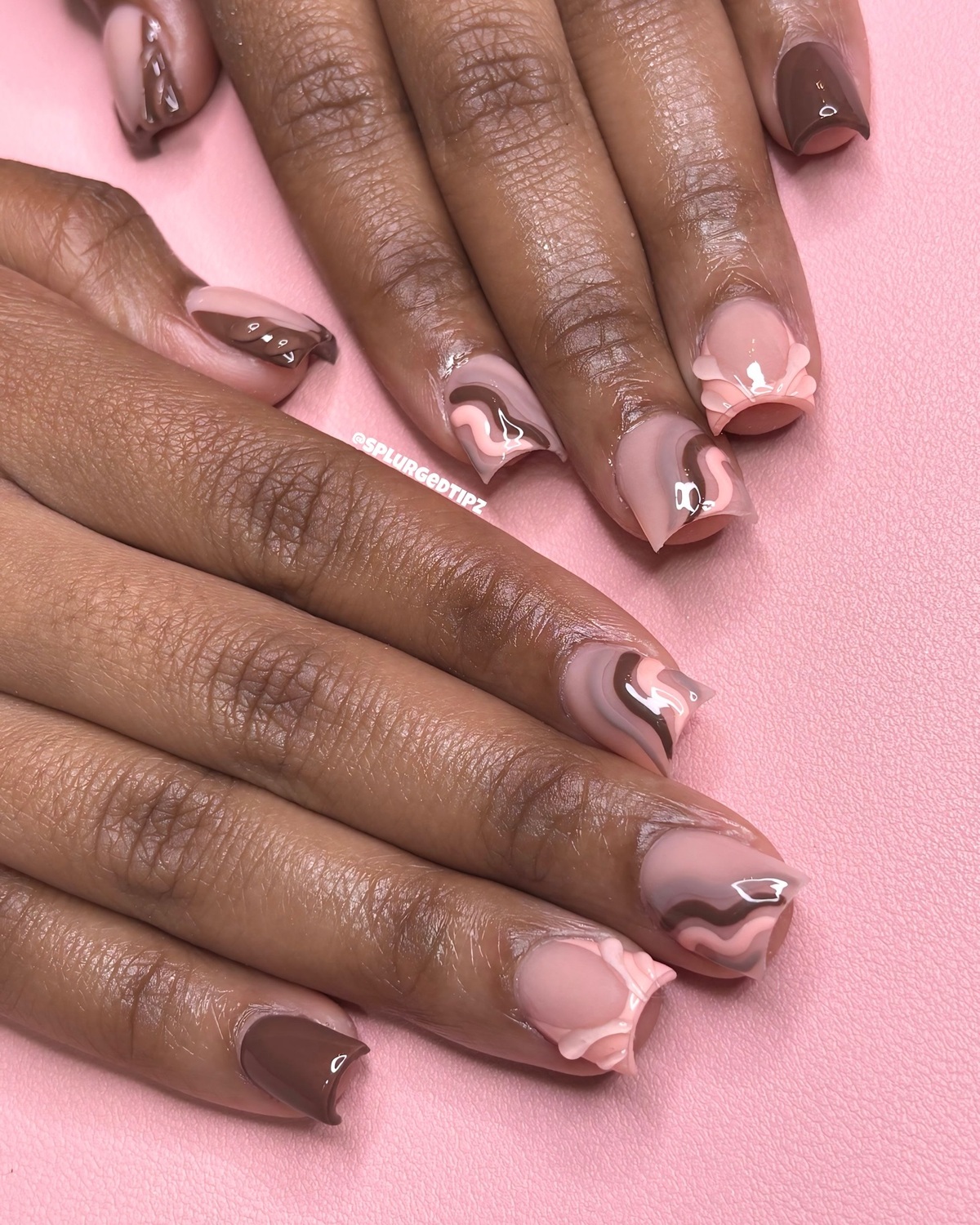 19. Glossy Cocoa Waves and Soft Petals