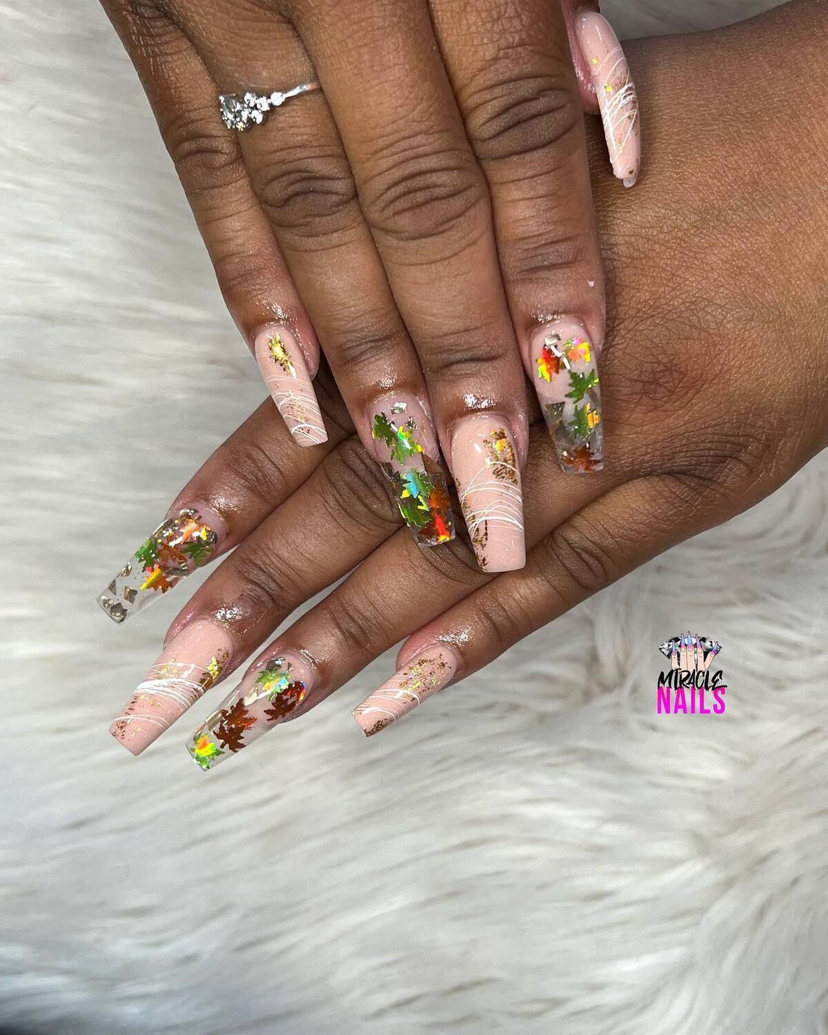 34. Clear Fall Tips with Leaf Confetti and Gold Dust