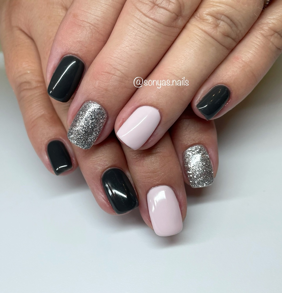 26. Chic Contrast with Charcoal, Blush, and Silver Sparkle