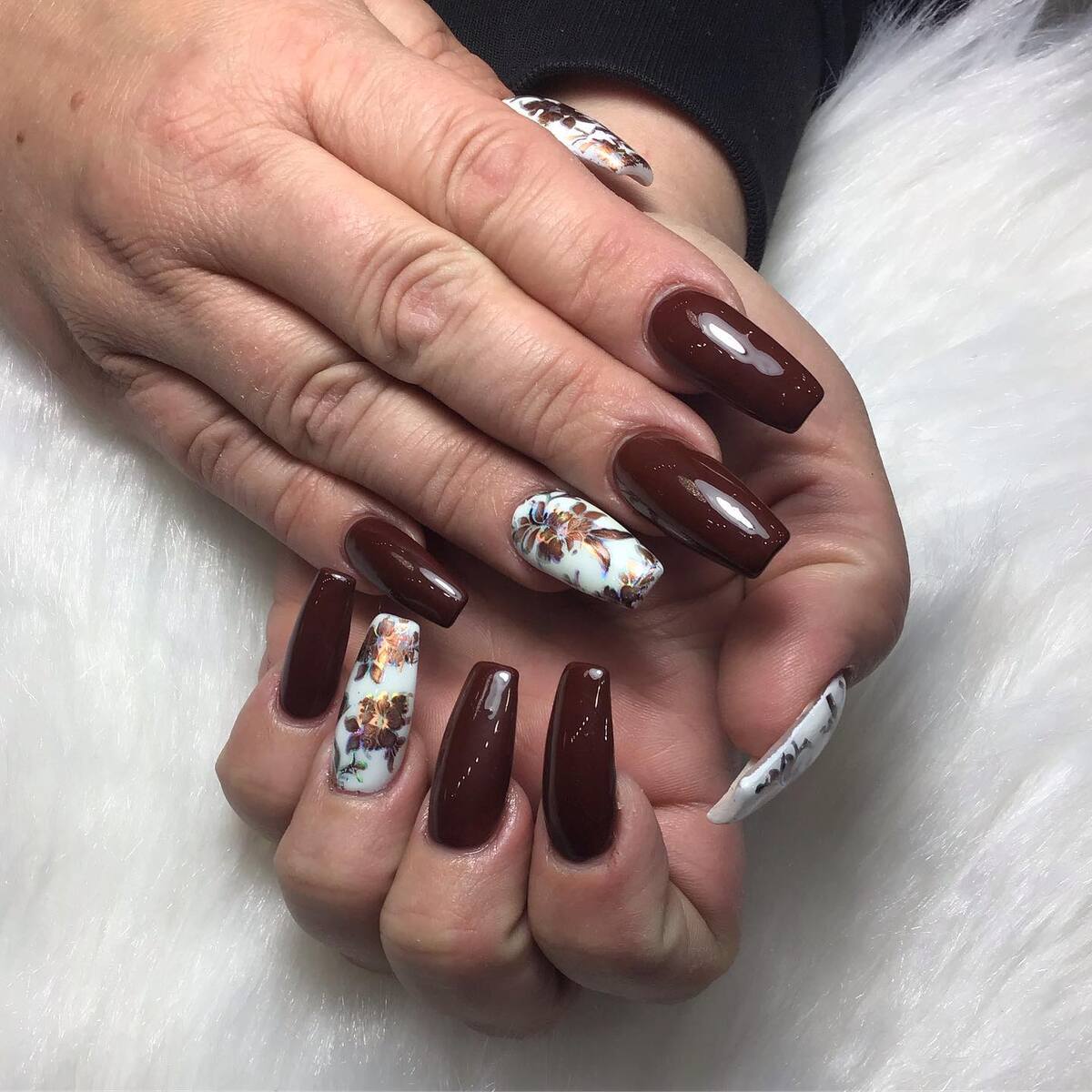 29. Glossy Mocha and Autumn Florals for a Luxe Finish