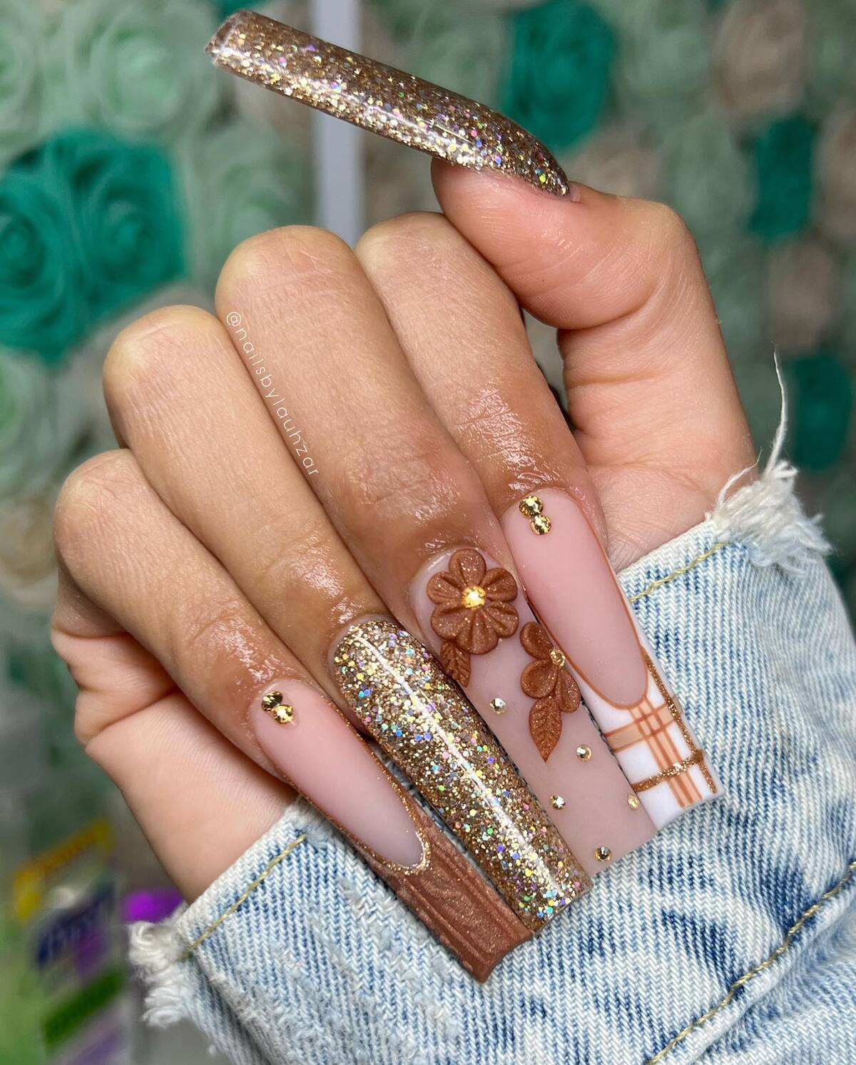 10. Golden Harvest With Floral Texture and Plaid Charm
