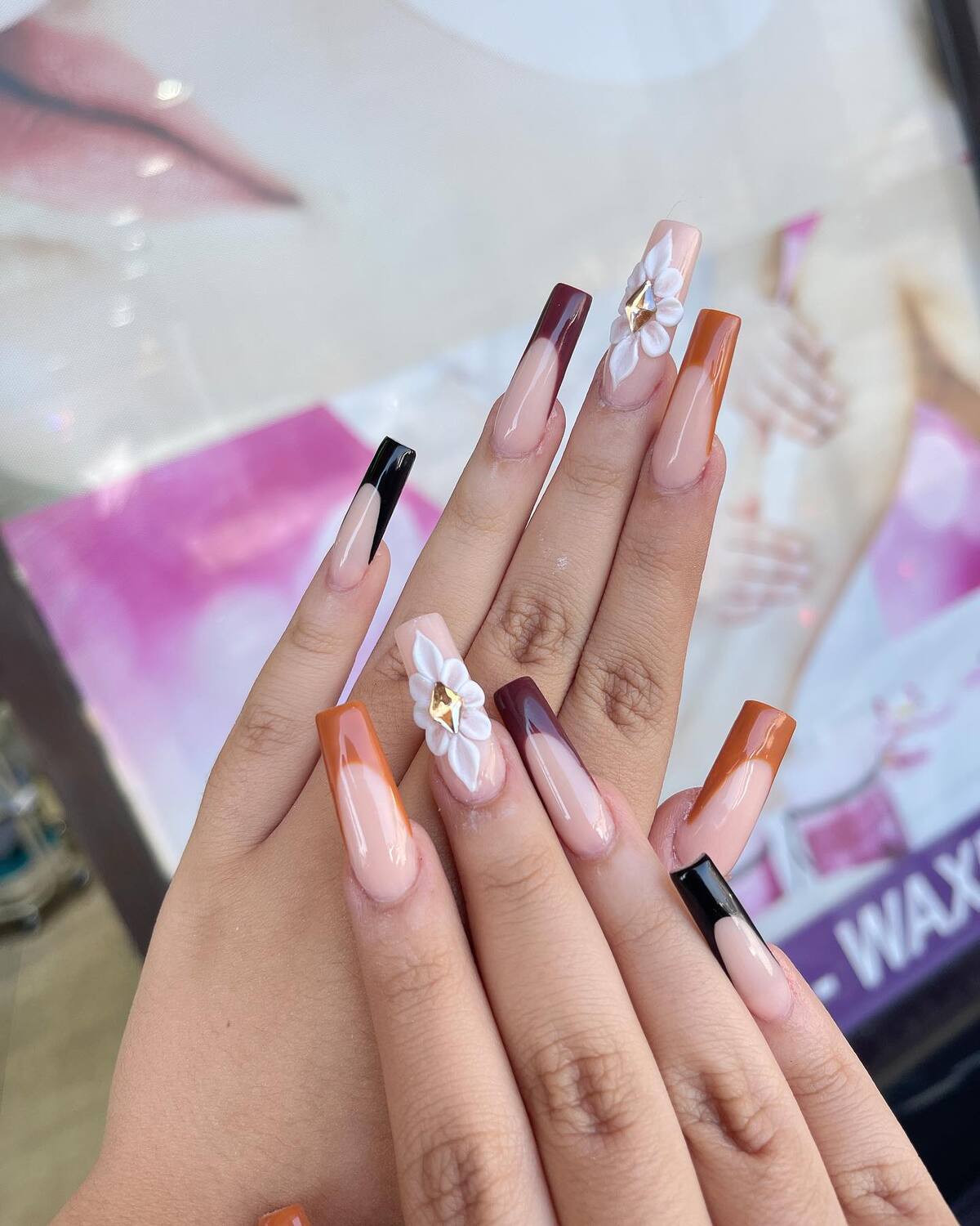 21. Autumn Vibes With Bold Tips and 3D Florals