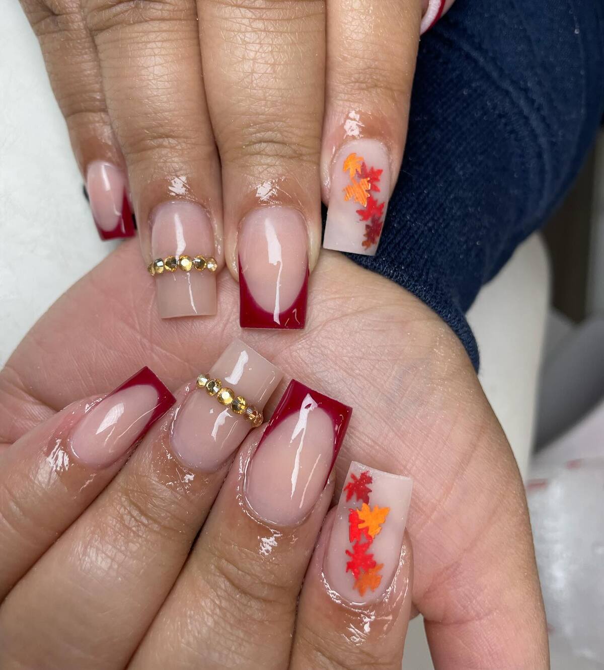 14. Burgundy Tips with Fall Leaf Accents
