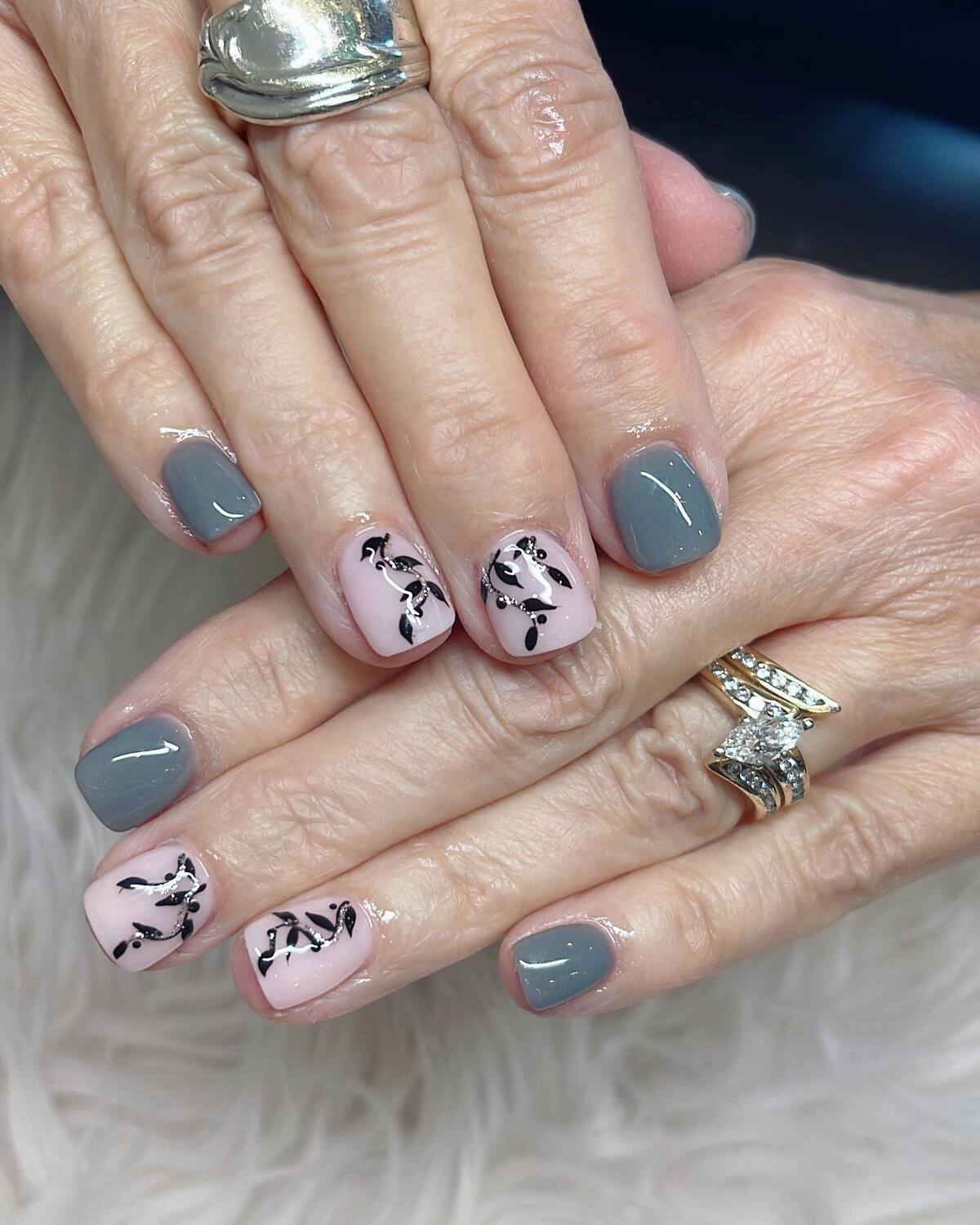 15. Smoky Gray Elegance with Botanical Detail