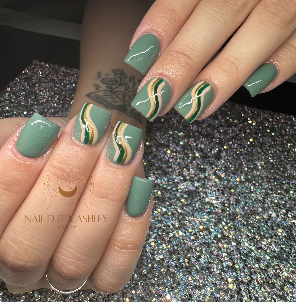 16. Sage Green Waves with Golden Flow