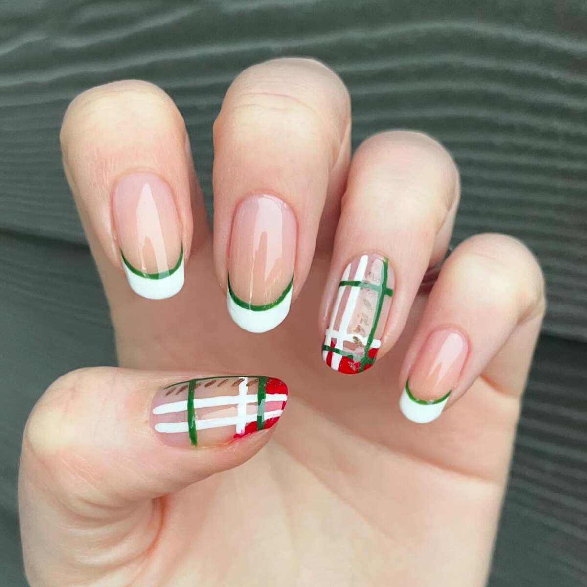 11. Plaid-Inspired Christmas French Nails