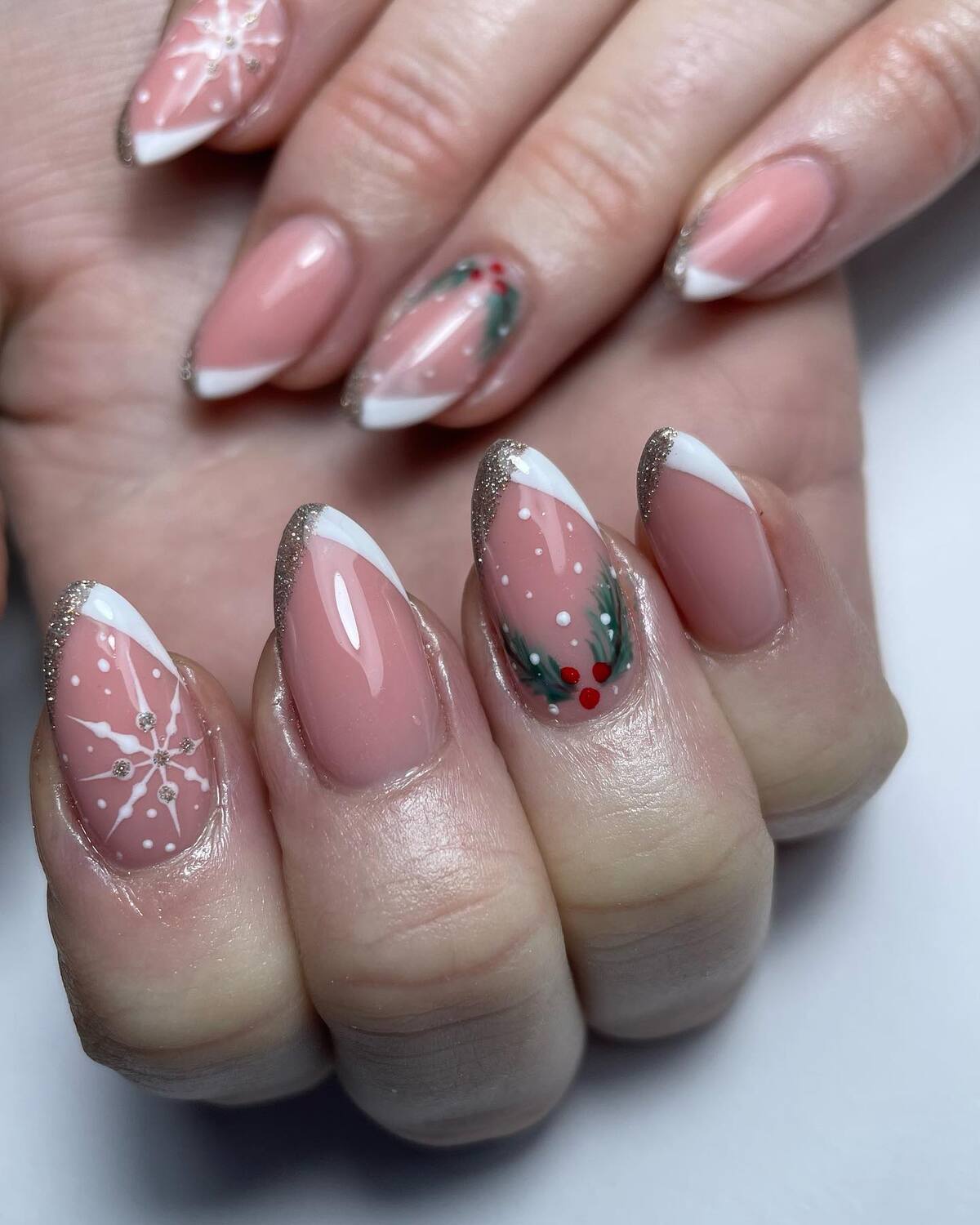 12. Snowflake and Holly French Nails