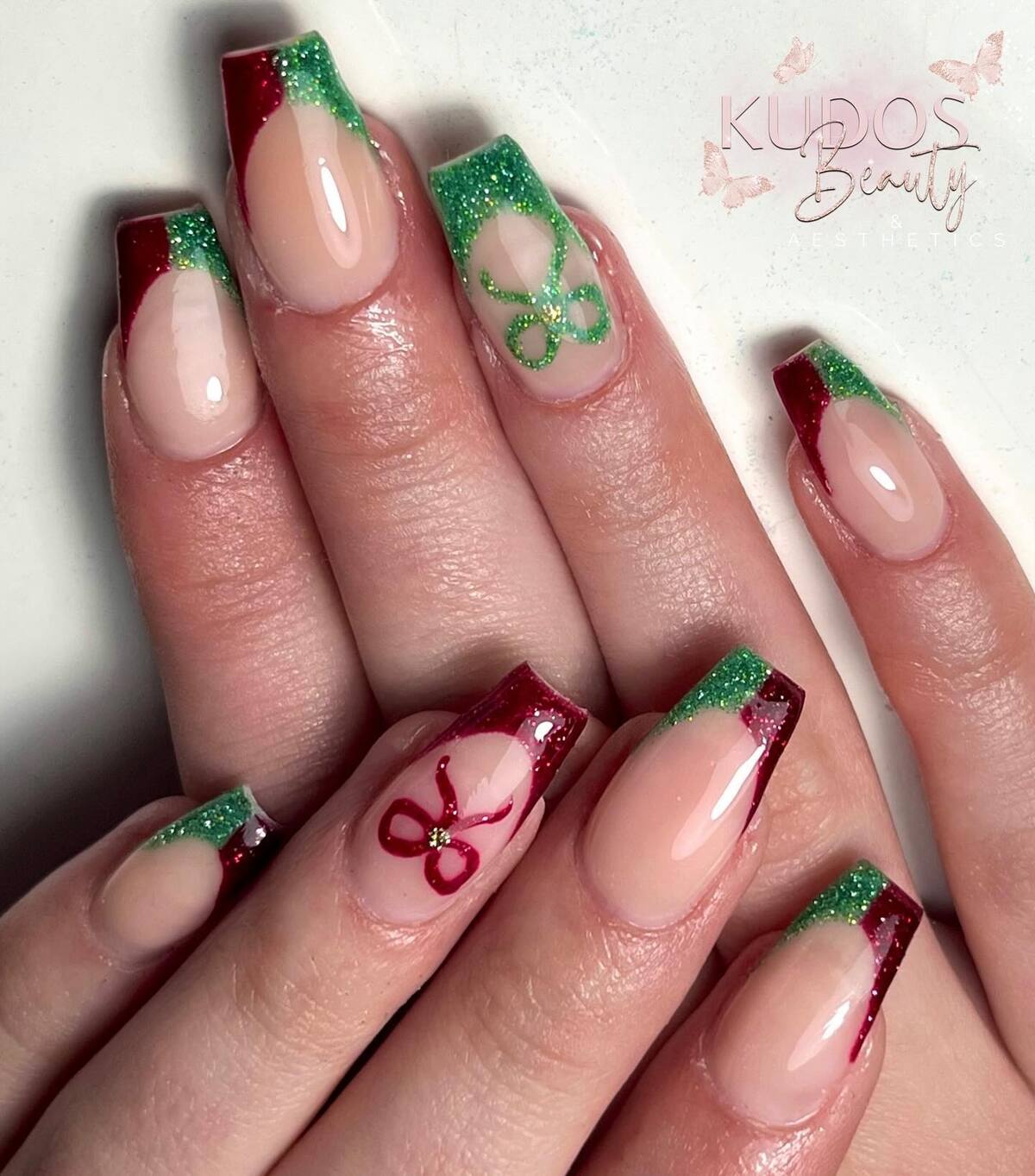 18. Red and Green Glitter French Nails