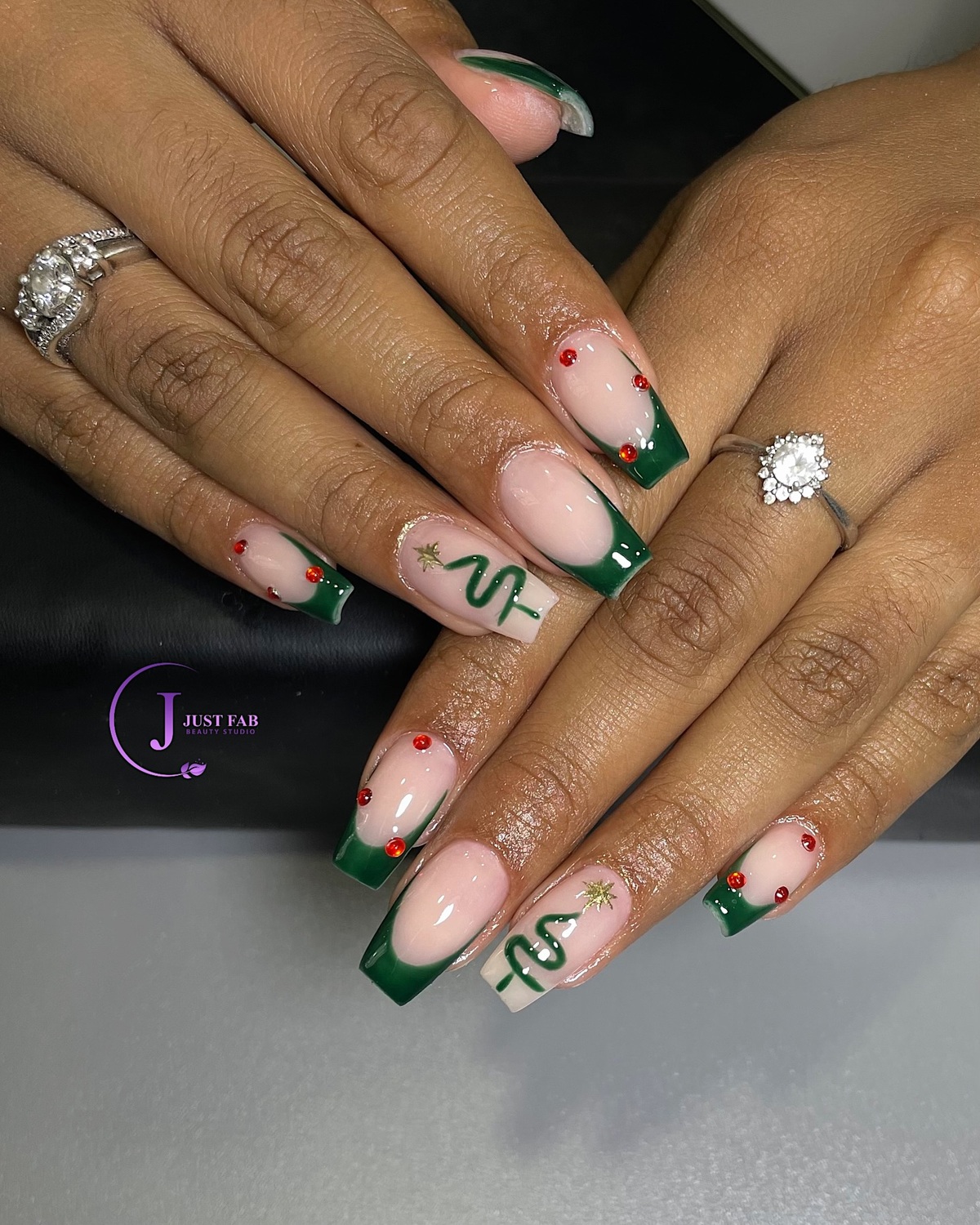 20. Green French Tips with Christmas Tree Accents