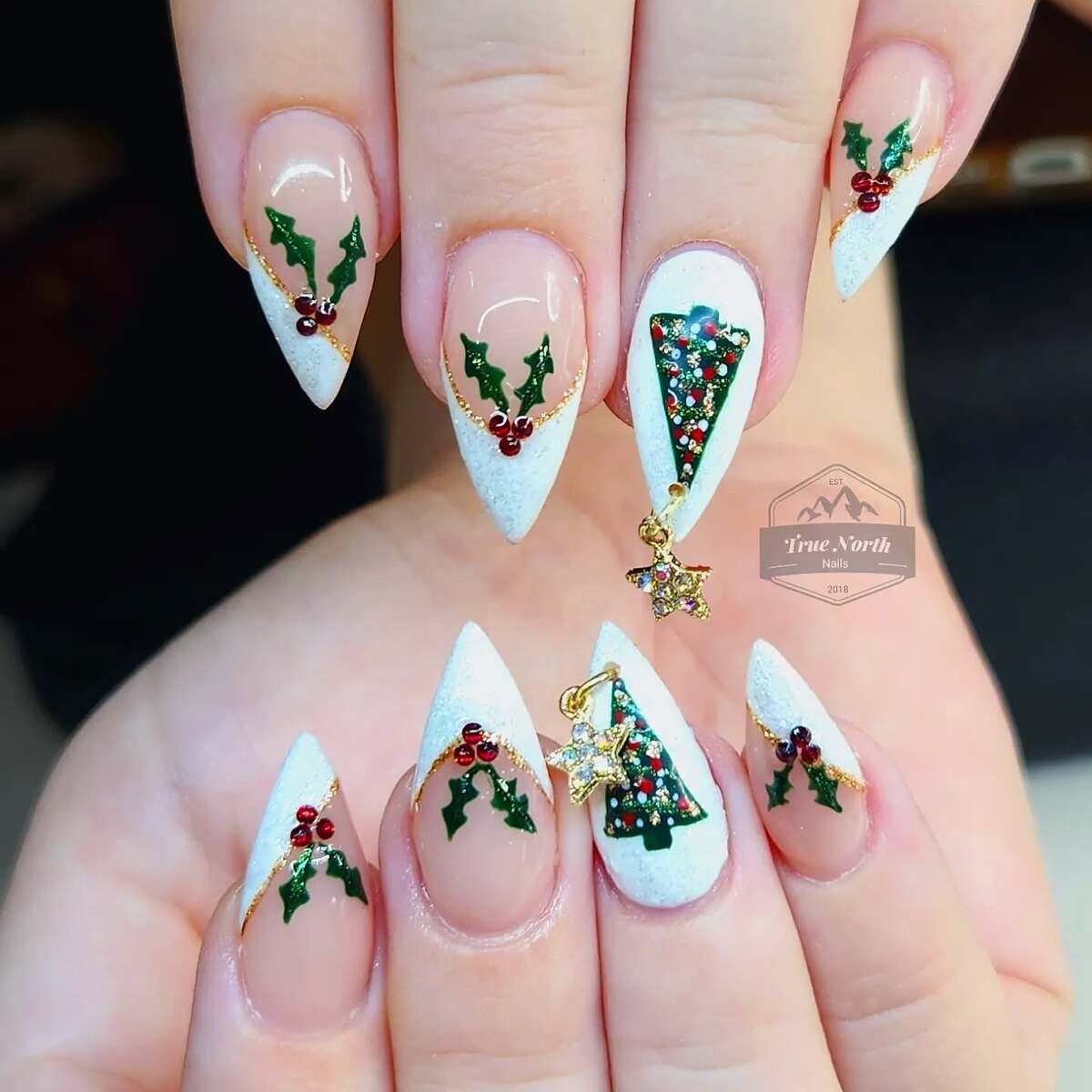 9. Sparkling Christmas Tree French Nails