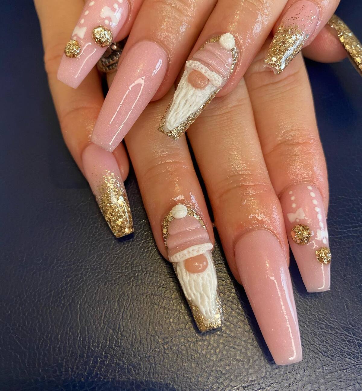 19. Pink & Gold Santa Christmas Nails