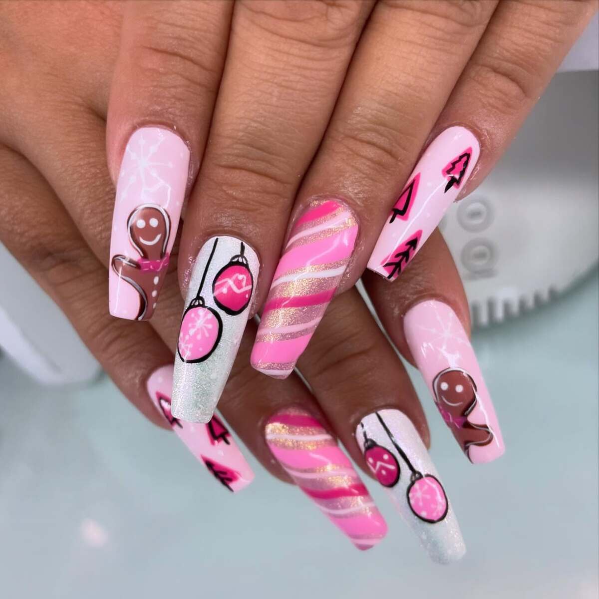 21. Pink Gingerbread & Ornament Christmas Nails