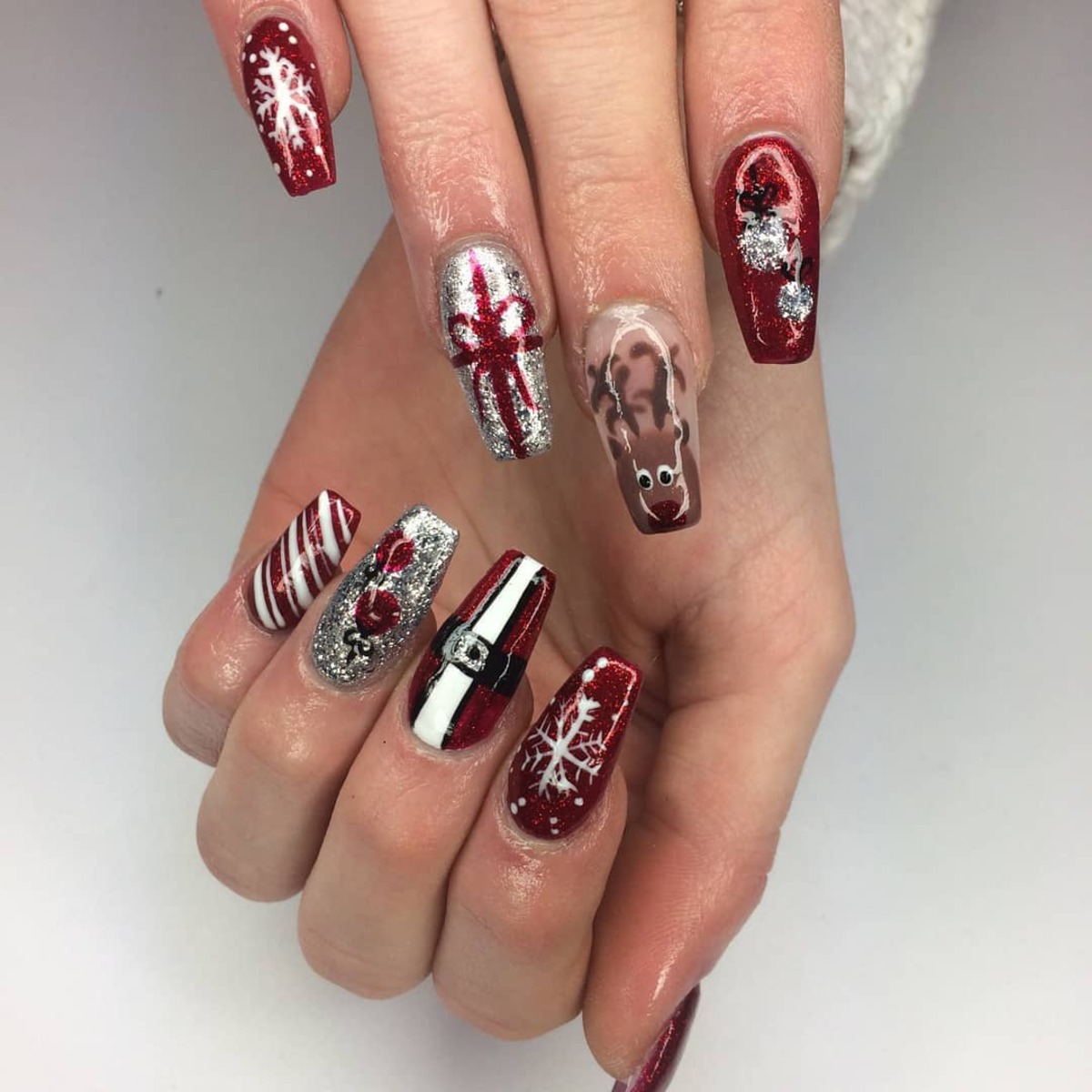 26. Red and Silver Christmas Acrylic Nails