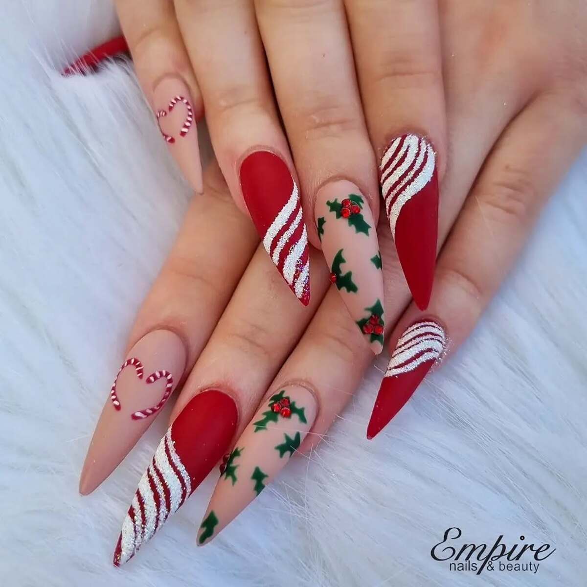 29. Candy Cane and Holly Christmas Acrylic Nails
