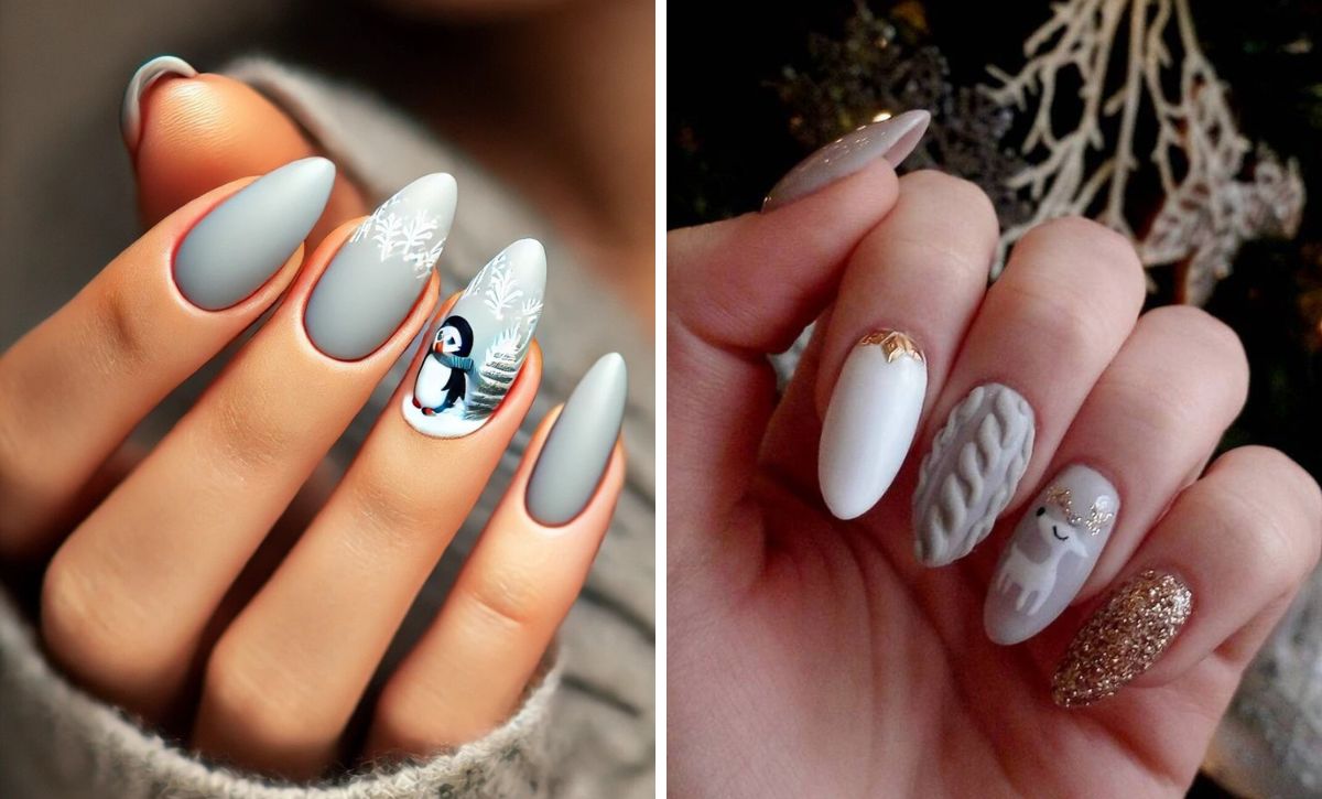 26 Elegant Winter Almond Nails In Matte White And Grey For A Minimalist Vibe