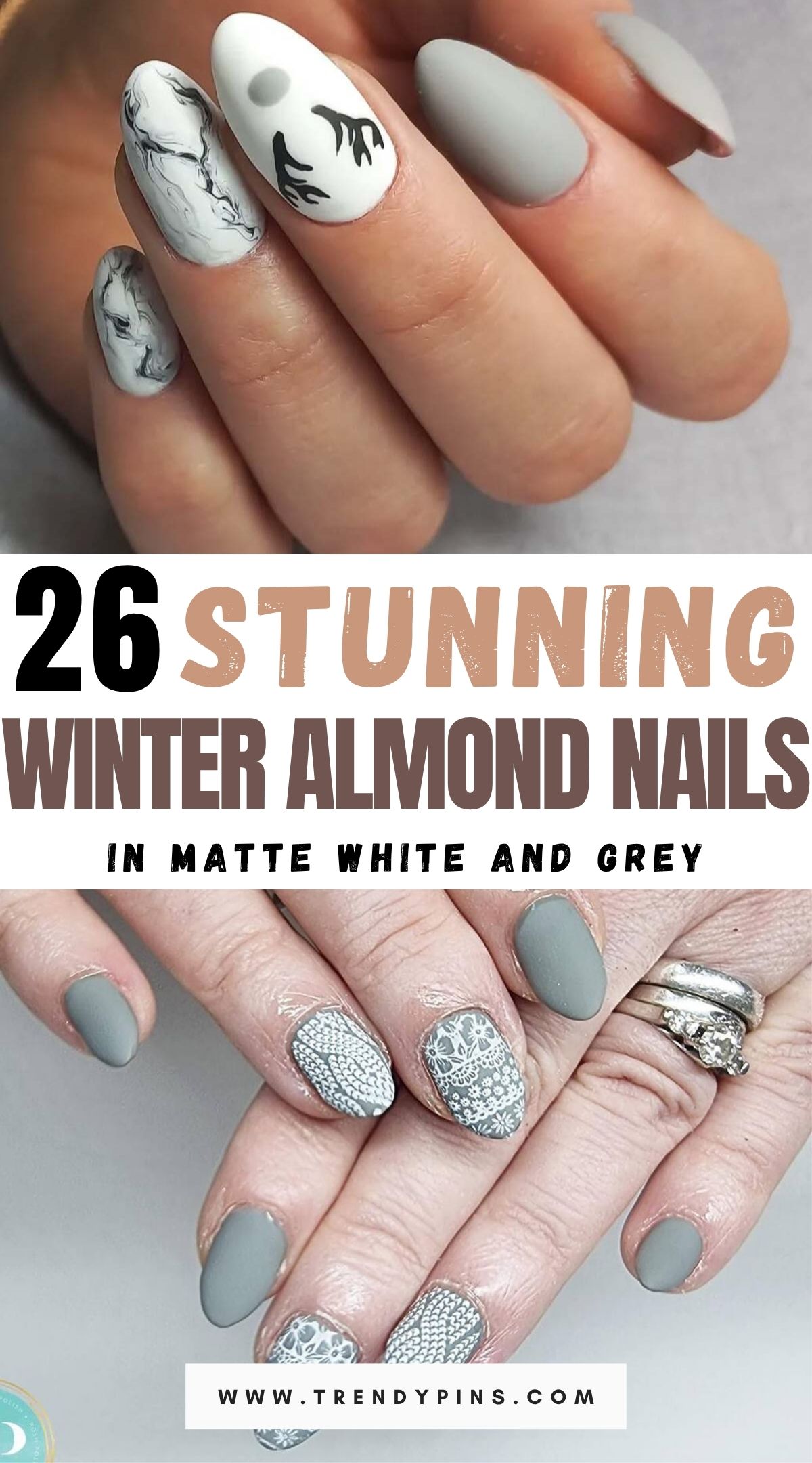 26 Elegant Winter Almond Nails In Matte White And Grey For A Minimalist Vibe 2