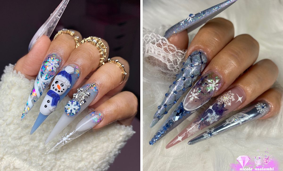 28 Frosty Winter Stiletto Nails With Glitter And Rhinestones For A Luxe Look