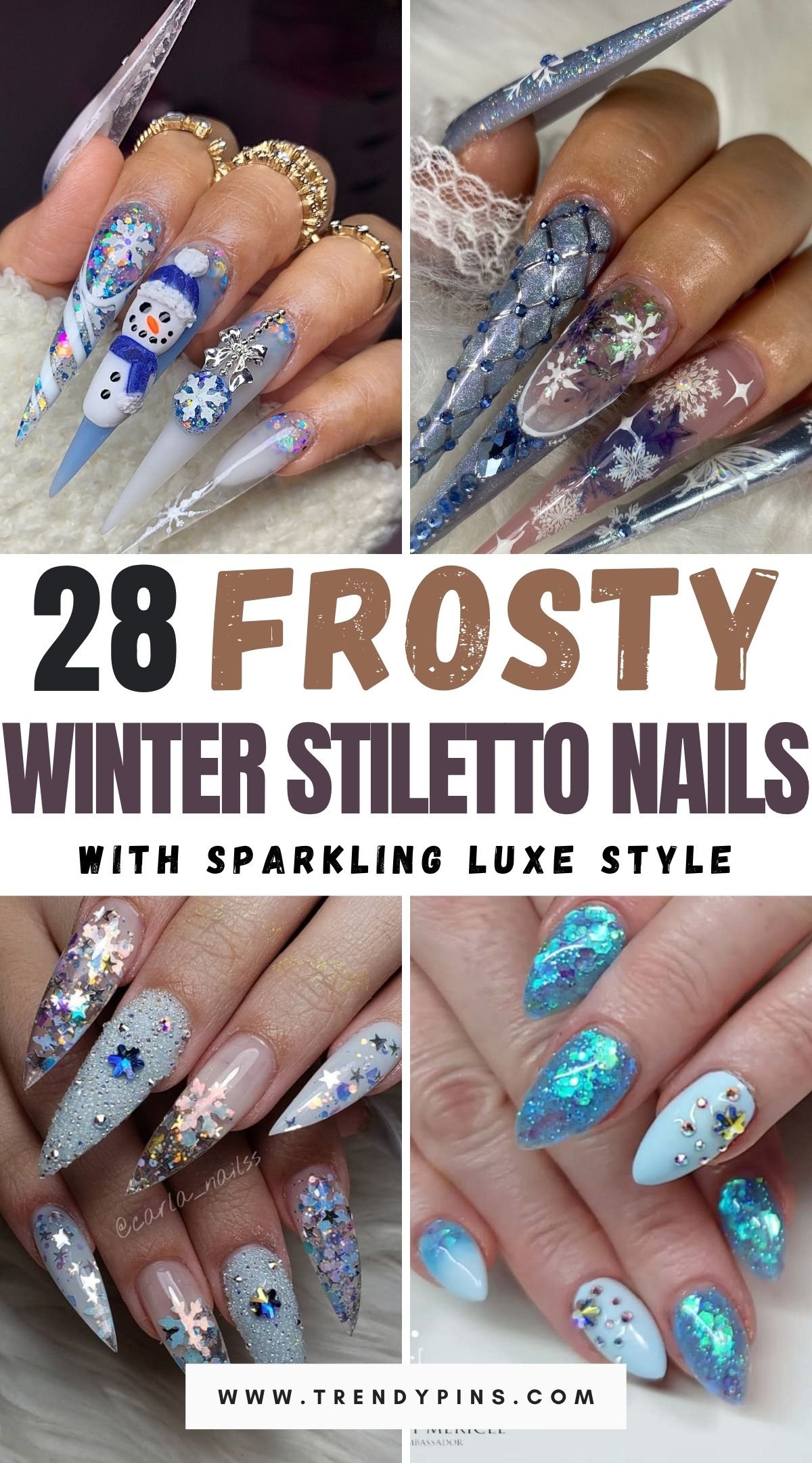 28 Frosty Winter Stiletto Nails With Glitter And Rhinestones For A Luxe Look 1