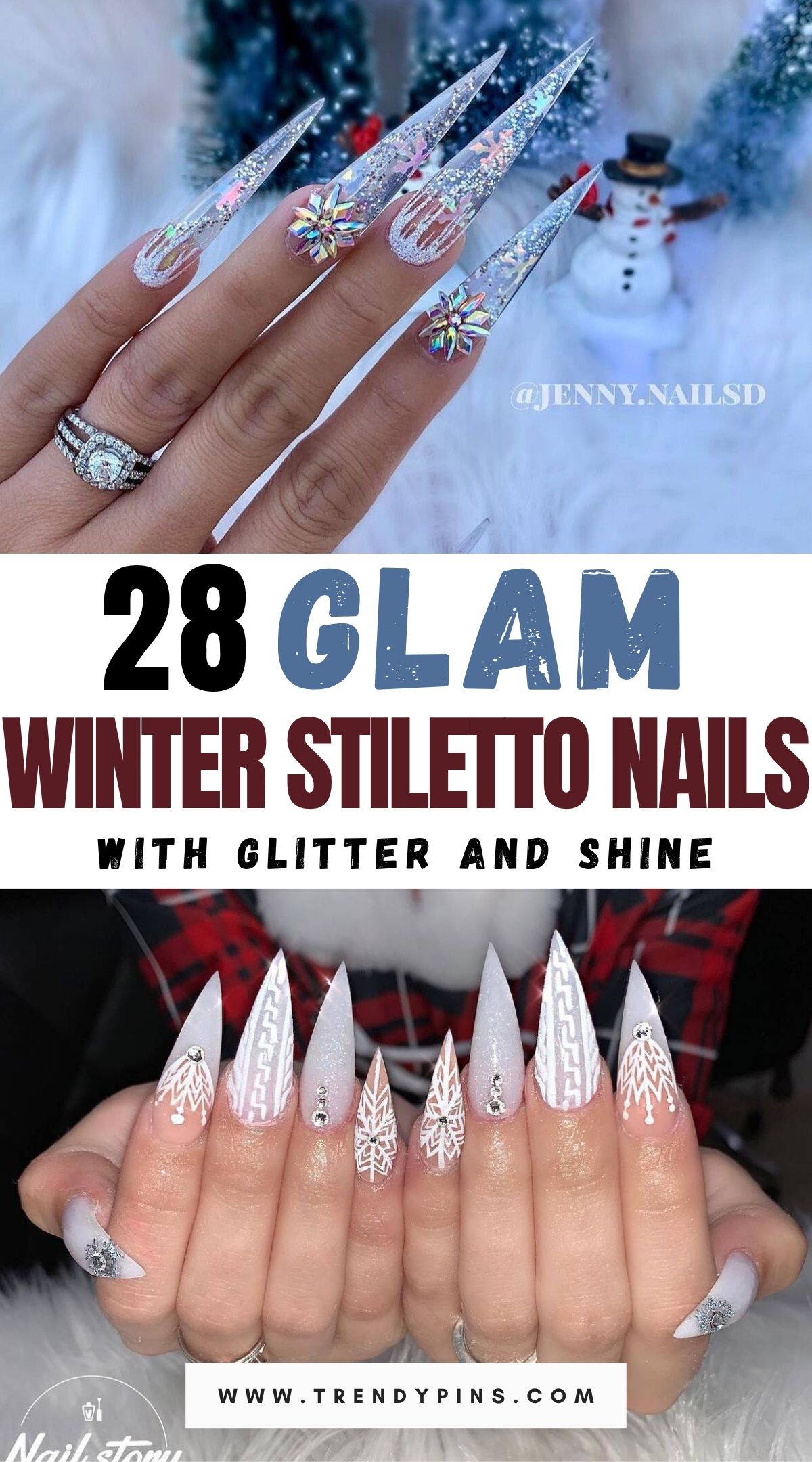 28 Frosty Winter Stiletto Nails With Glitter And Rhinestones For A Luxe Look 2