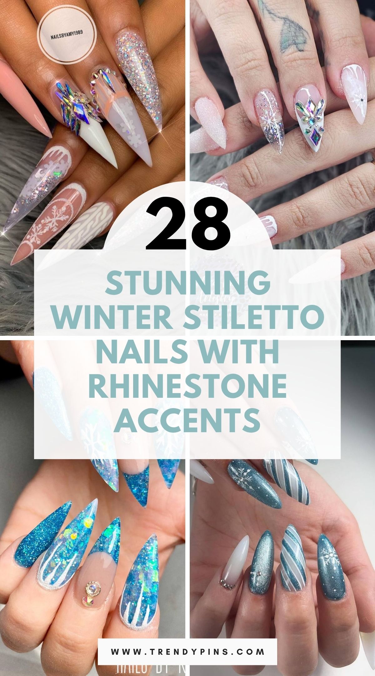 28 Frosty Winter Stiletto Nails With Glitter And Rhinestones For A Luxe Look 3