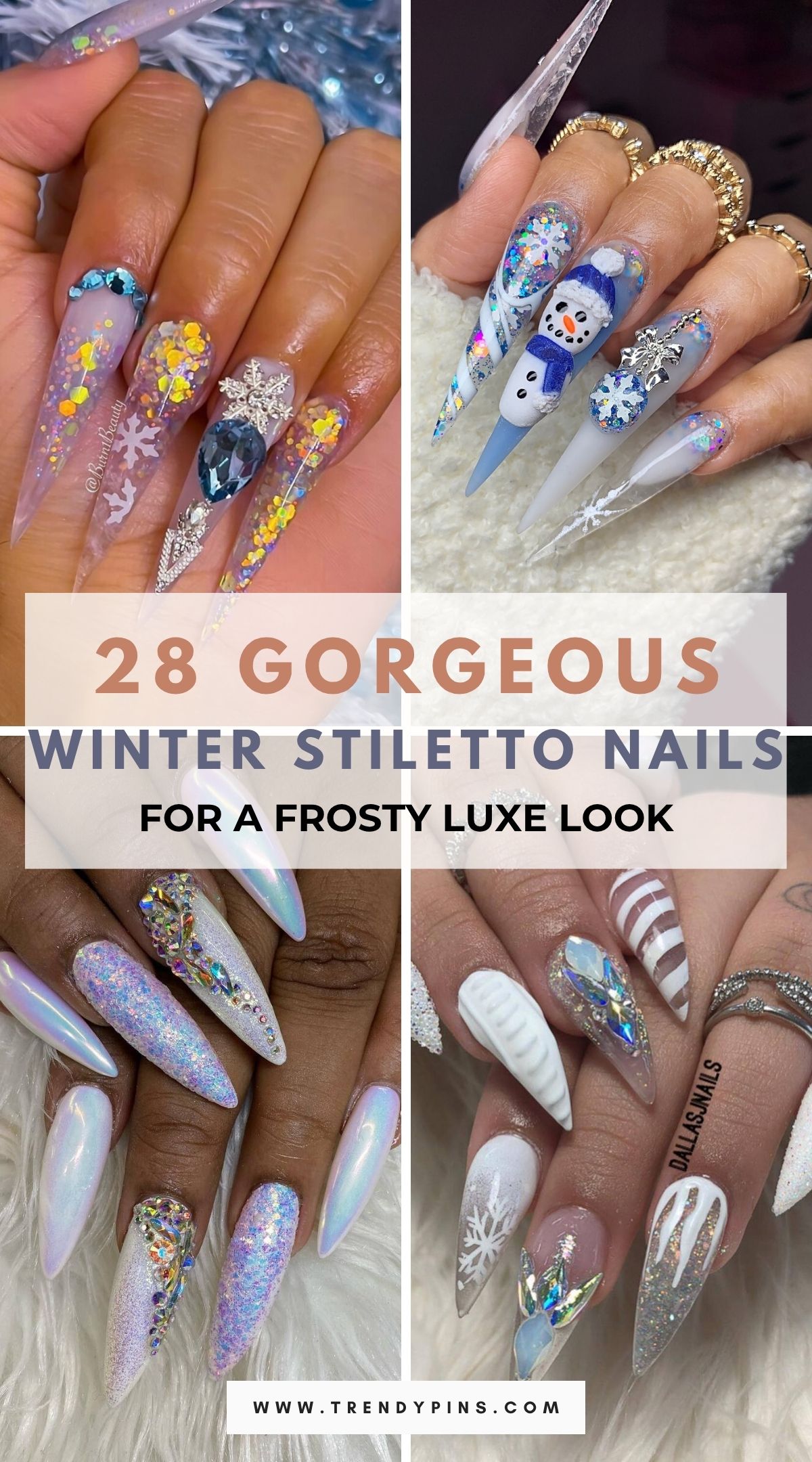 28 Frosty Winter Stiletto Nails With Glitter And Rhinestones For A Luxe Look 4