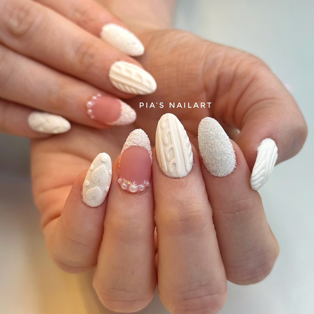 3. Frosted White Sweater Nails with Pearl Accents