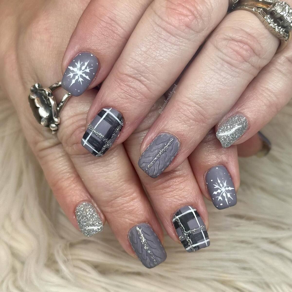 8. Silver Snowflakes and Gray Sweater Glam