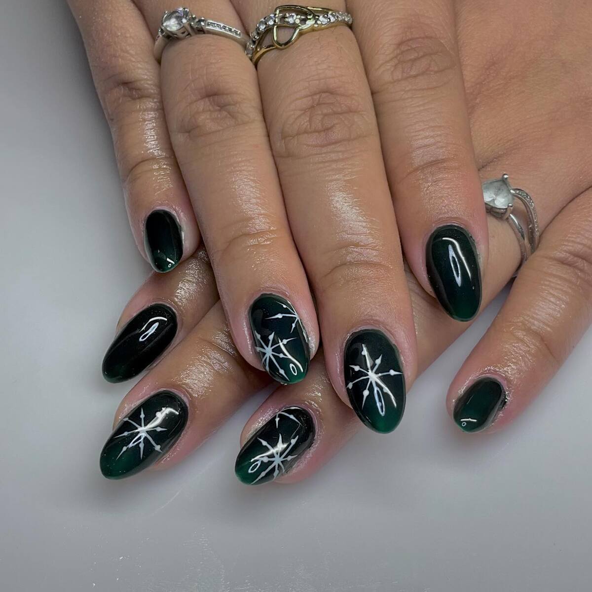 13. Midnight Green Sparkle with Frosted Snowflakes
