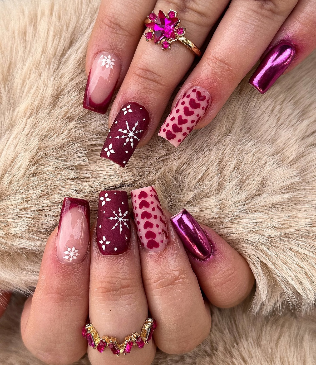 4. Burgundy Bliss with Snowflakes and Shimmering Hearts