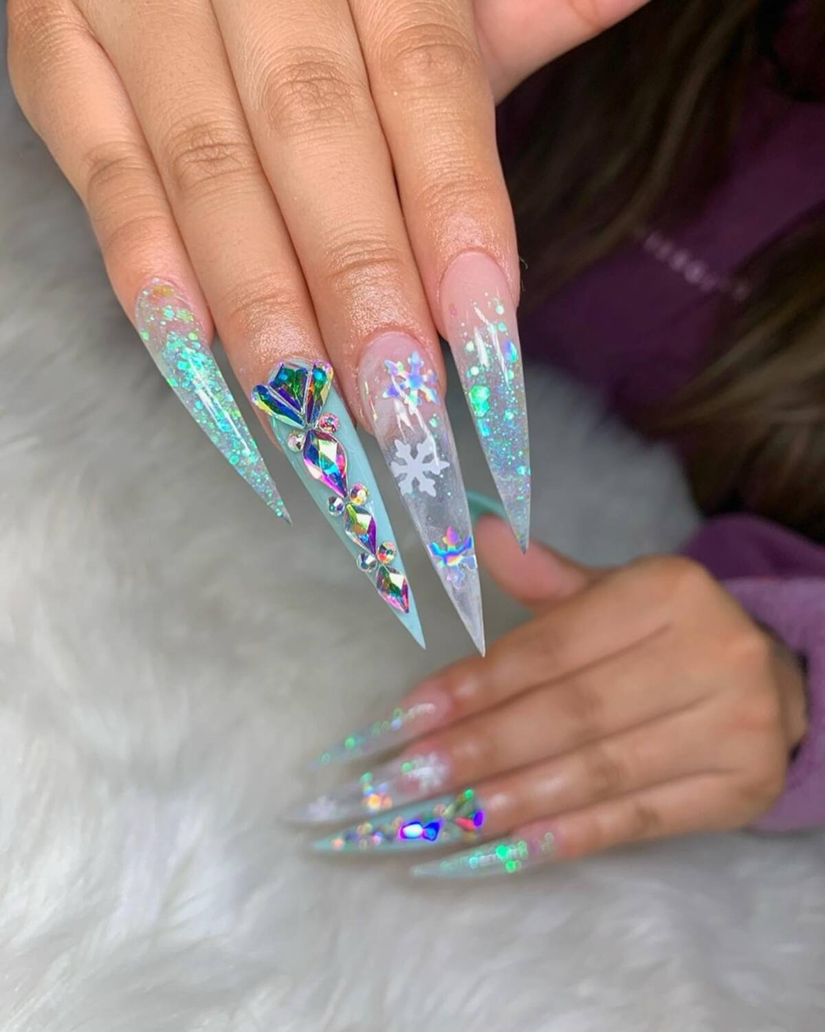 20. Iridescent Snowflake Sparkle Nails